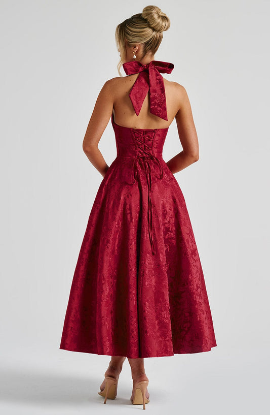 Noelia | Vestido midi de jacquard rojo con falda completa