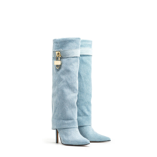 Gisela | Bota tubular de tela vaquera con tacón de aguja
