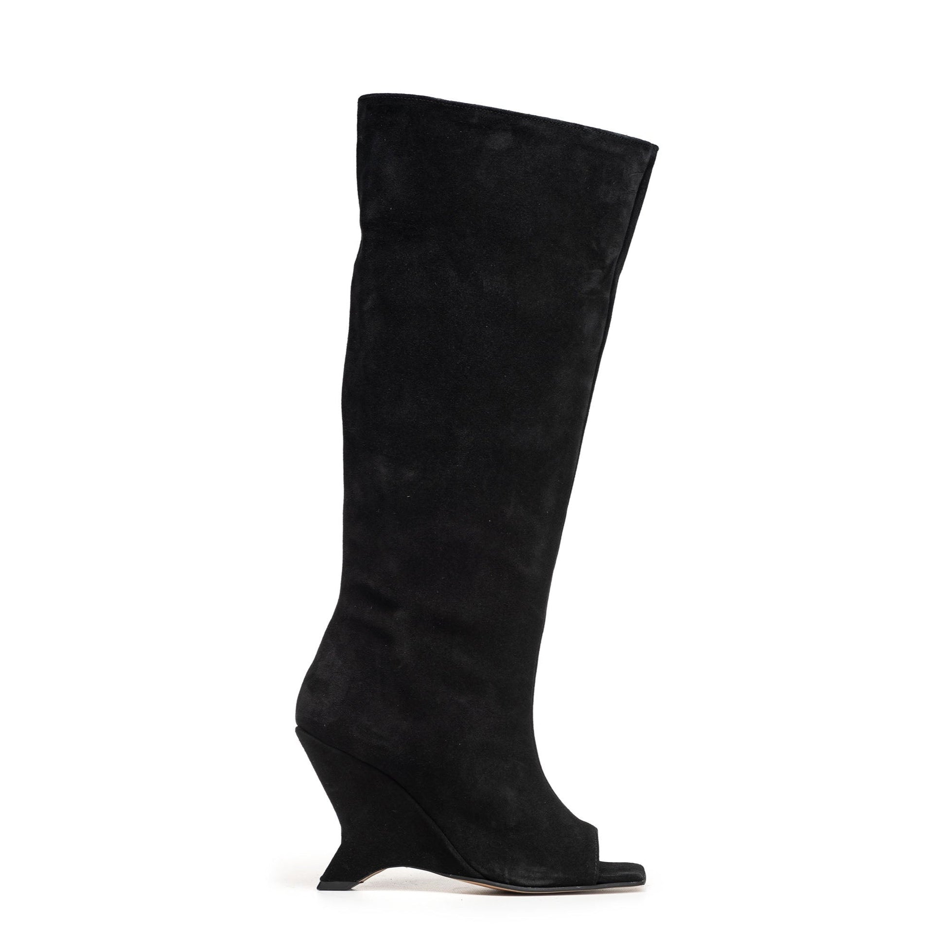 Daniela Open-toe boot in black suede with an asymmetrical