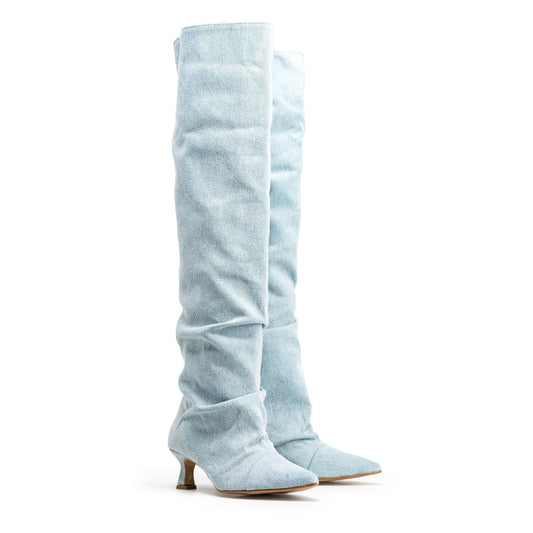 Jennifer | Bota alta de tela vaquera con efecto drapeado