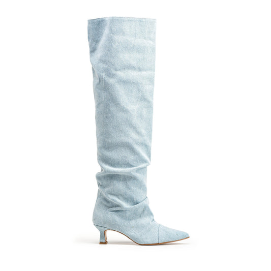 Jennifer | Bota alta de tela vaquera con efecto drapeado