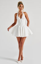 Doris | Vestido mini marfil de escote halter con copa fruncida