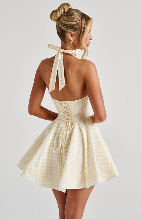 Doris | Vestido mini de vichy amarillo limón con escote en V