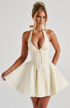 Doris | Vestido mini de vichy amarillo limón con escote en V