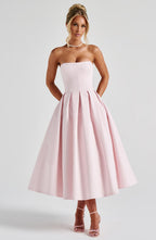 Edith | Vestido midi rubor con falda plisada y escote palabra de honor