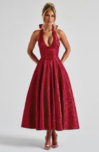 Effie | Vestido midi rojo de jacquard con escote halter en V