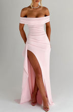 Joyce | Vestido maxi de crepé rubor con escote bardot y abertura lateral