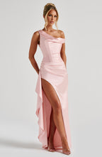 Juliene | Vestido maxi de raso con corsé interno en rubor