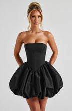 Lotus | Vestido mini negro de tafetán texturizado con lazo
