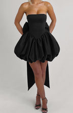 Lotus | Vestido mini negro de tafetán texturizado con lazo