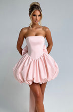 Lotus | Vestido mini de tafetán rubor con lazo y falda acampanada
