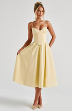 Mariella | Vestido midi amarillo de corsé con escote corazón