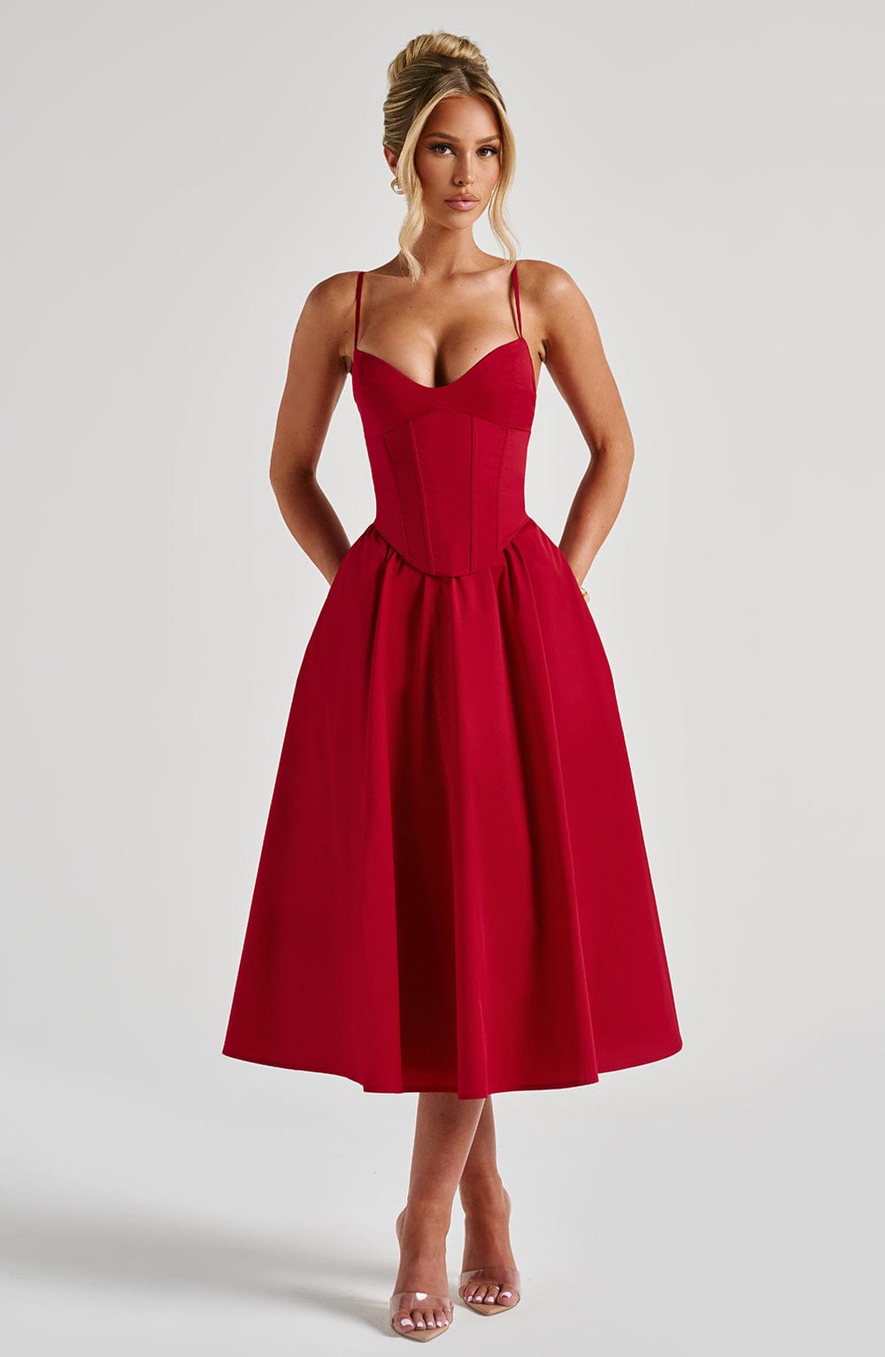 Mariella | Vestido midi rojo de corsé estructurado