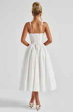 Monroe | Vestido midi de broderie marfil con escote en V y lazo