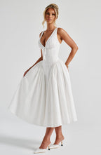 Monroe | Vestido midi de broderie marfil con escote en V y lazo