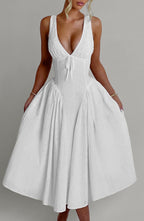 Monroe | Vestido midi de broderie marfil con escote en V y lazo