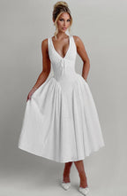 Monroe | Vestido midi de broderie marfil con escote en V y lazo