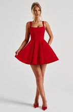 Rue | Vestido mini rojo de cuello cuadrado con lazo y ballenado