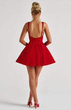 Rue | Vestido mini rojo de cuello cuadrado con lazo y ballenado