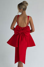 Rue | Vestido mini rojo de cuello cuadrado con lazo y ballenado