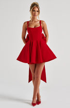 Rue | Vestido mini rojo de cuello cuadrado con lazo y ballenado