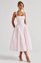 Sherrie | Vestido midi de vichy rubor con cuello cuadrado