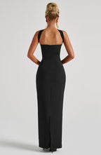Yulia | Vestido maxi de crepé negro con escote palabra de honor